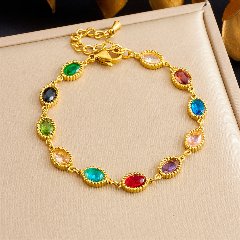 Fashionable Geometric Stainless Steel Bracelet with Electroplated Finish for Women Featuring Oval and Square Accents