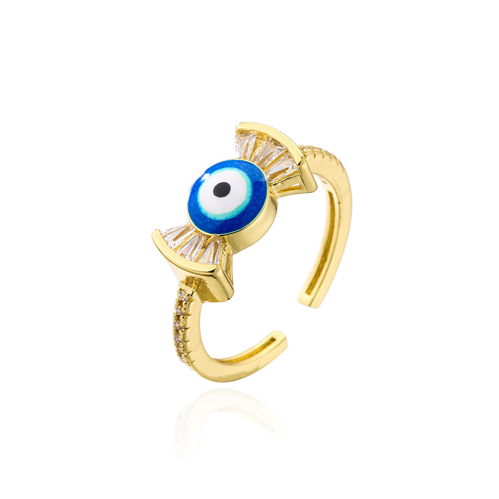 INS Style Geometric Open Ring for Women Made of Brass with Real Gold Plating Rhinestone Inlay and Enamel Eye Design