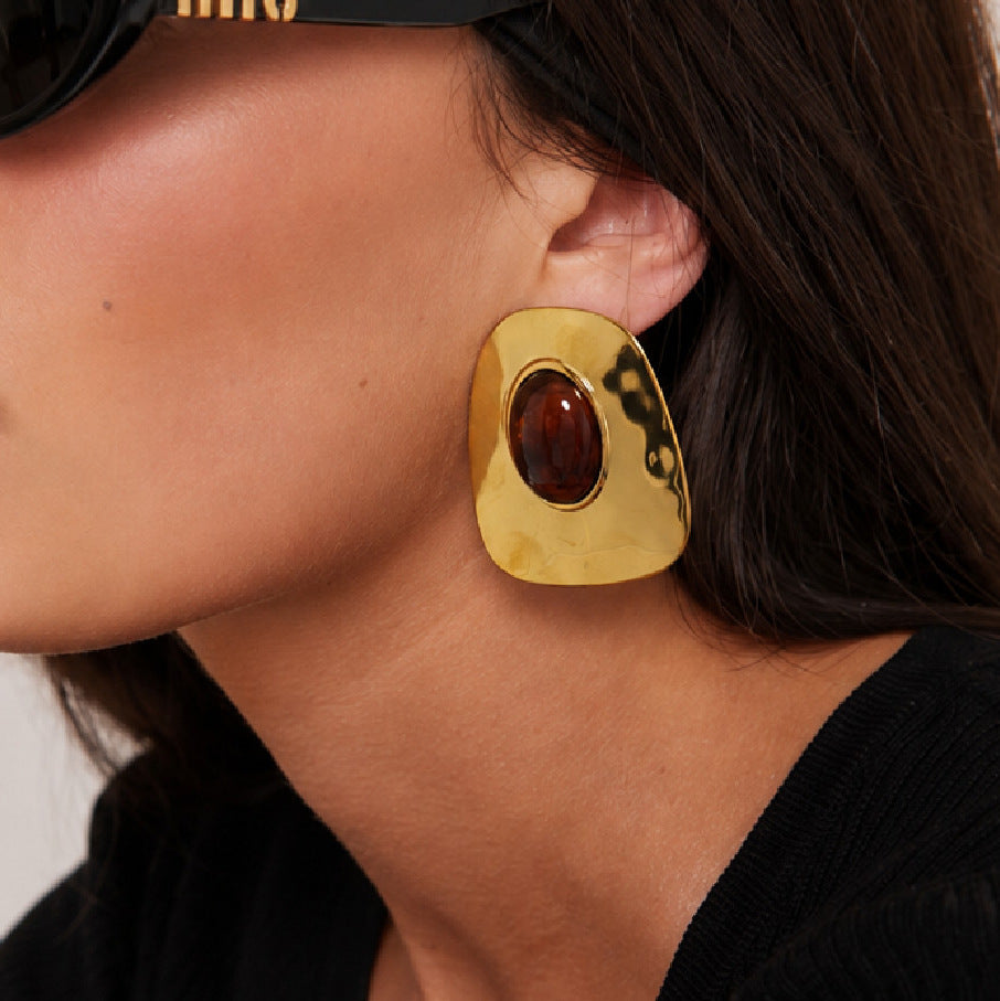 Vintage Geometric Square Oval Stainless Steel PVD Gradient Resin Earrings for Women