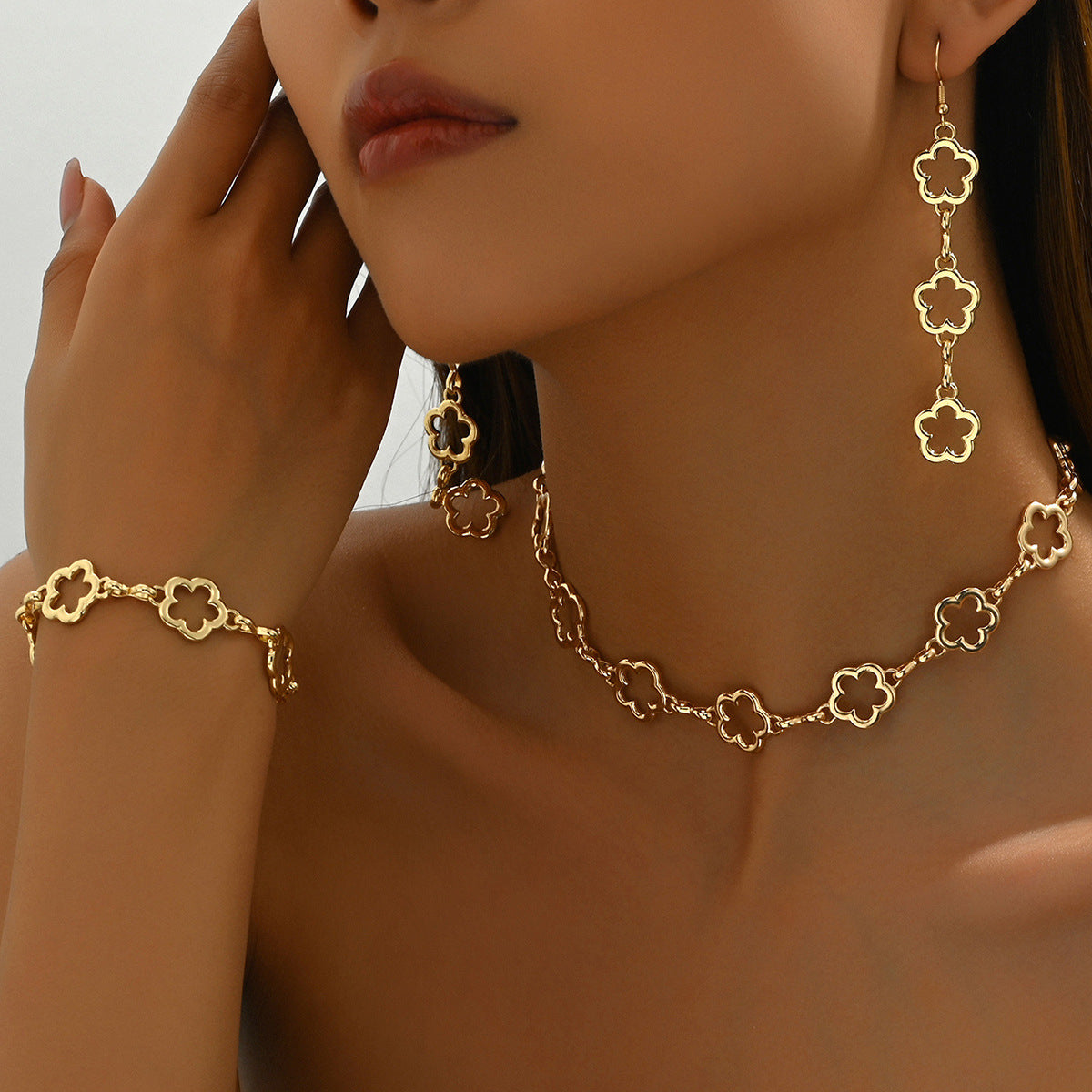 Minimalist Floral Cherry Blossom Necklace Set for Women with Copper Plated Chain Tassel Earrings and Bracelet