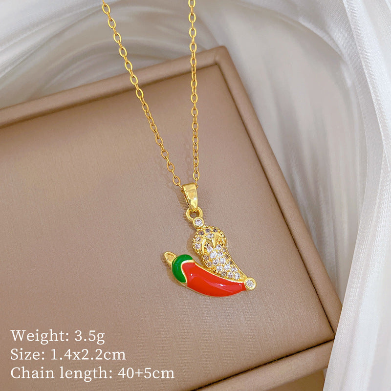 Sweet Elegant Geometric Vegetable Chili Drip Oil Rhinestone Pendant Necklace Titanium Steel Cable Chain for Unisex