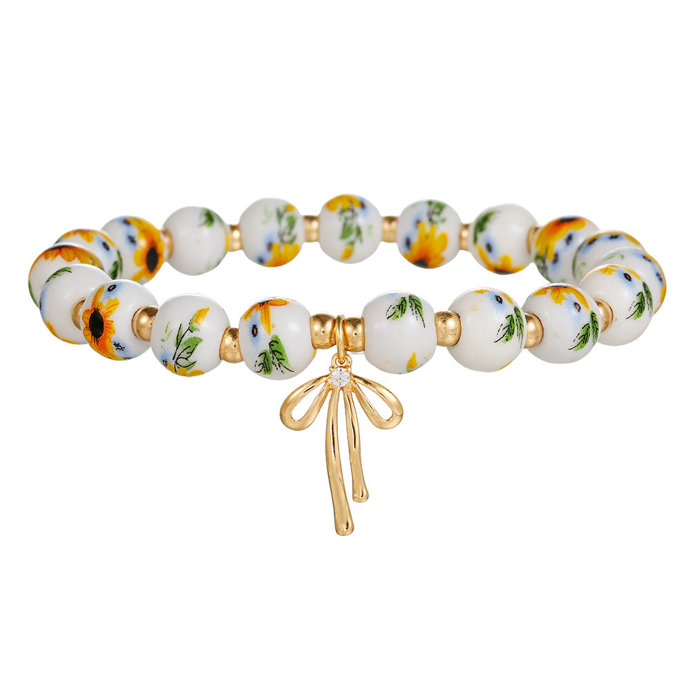 Geometric Round Ceramic Brass Cubic Zirconia Beaded Bracelet
