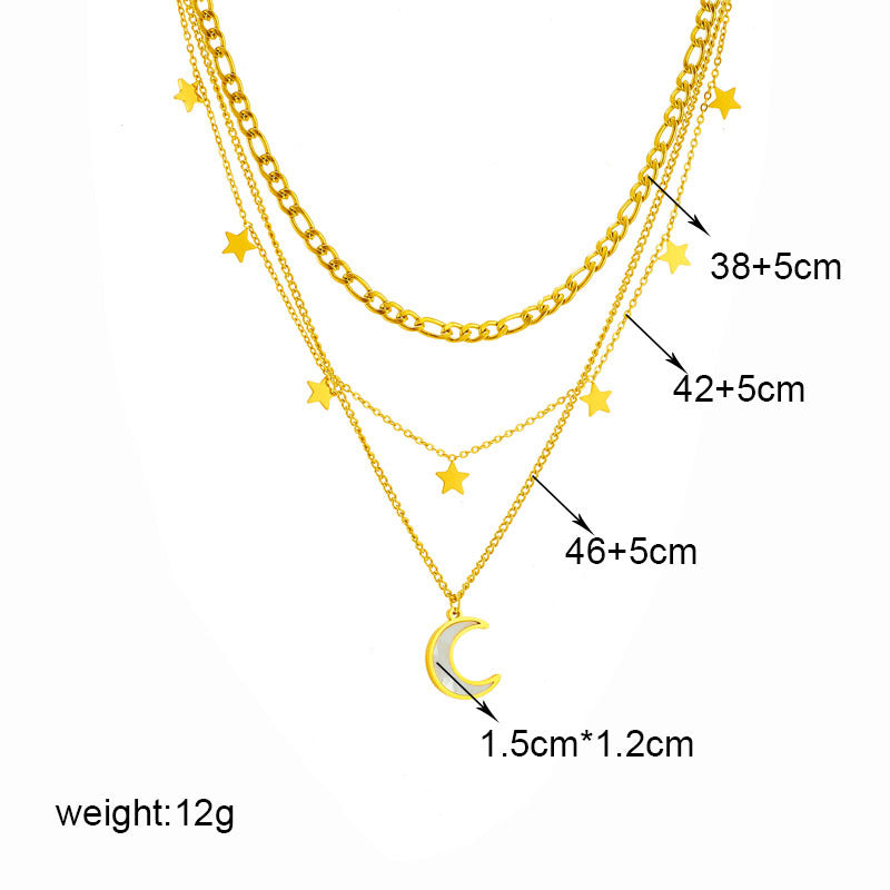 Minimalist Geometric Titanium Steel Necklace with Star and Moon Charms for Women, Electroplated Locket Chain