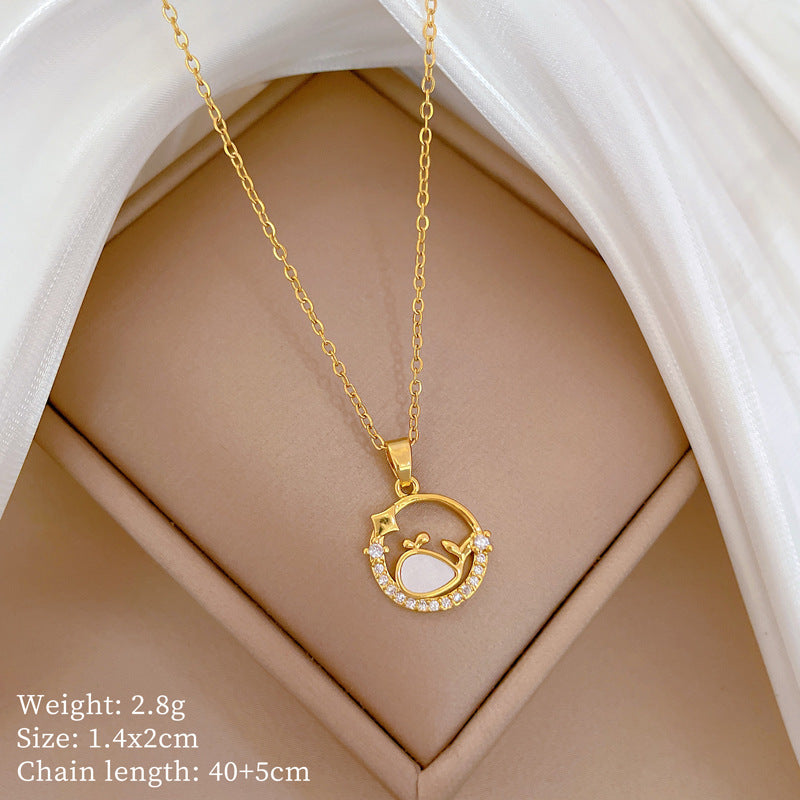 Geometric Minimalist Titanium Steel Lip Chain Necklace with Copper Pendant and Rhinestone Inlay
