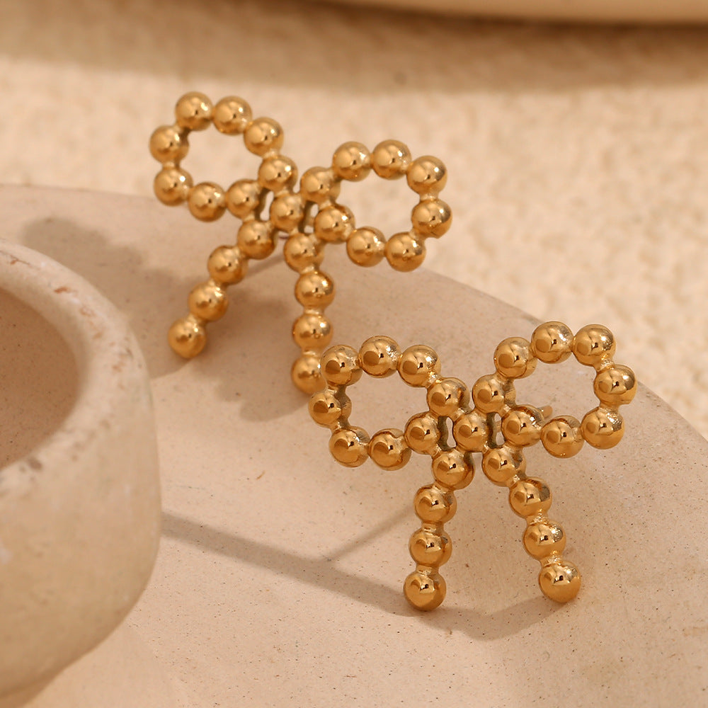 Elegant Business 18K Gold Plated Stainless Steel Bow Stud Earrings for Women