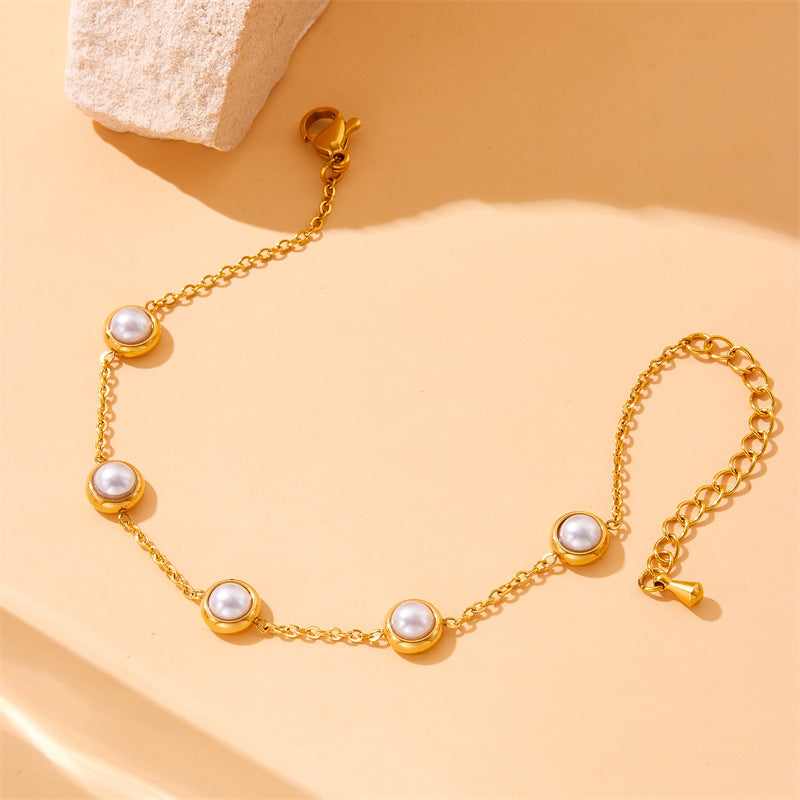 Set collana orecchini bracciale a catena a scatola in acciaio inossidabile con perle rotonde, stile vintage