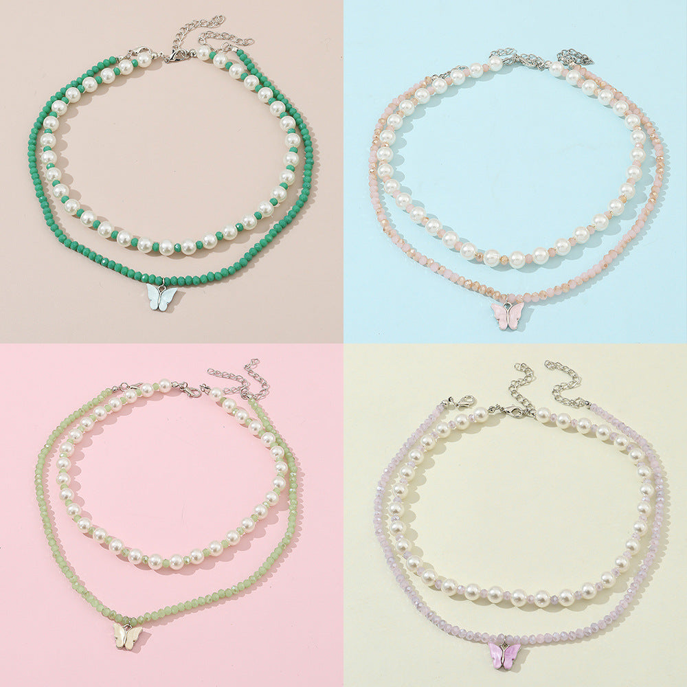 Conjunto de collar con colgante de mariposa minimalista para niñas con cuentas de cristal en cadena de bolas, joyería infantil estilo princesa dulce y linda