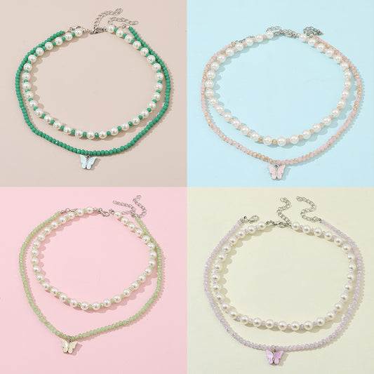 Conjunto de collar con colgante de mariposa minimalista para niñas con cuentas de cristal en cadena de bolas, joyería infantil estilo princesa dulce y linda