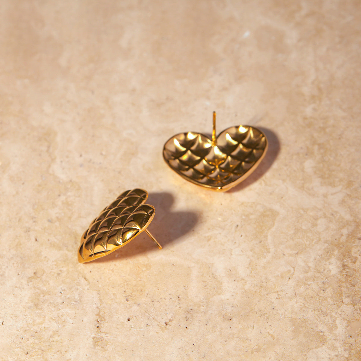 Ins Style 18K Gold Plated Stainless Steel Grid Pattern Heart Shape Earrings for Women