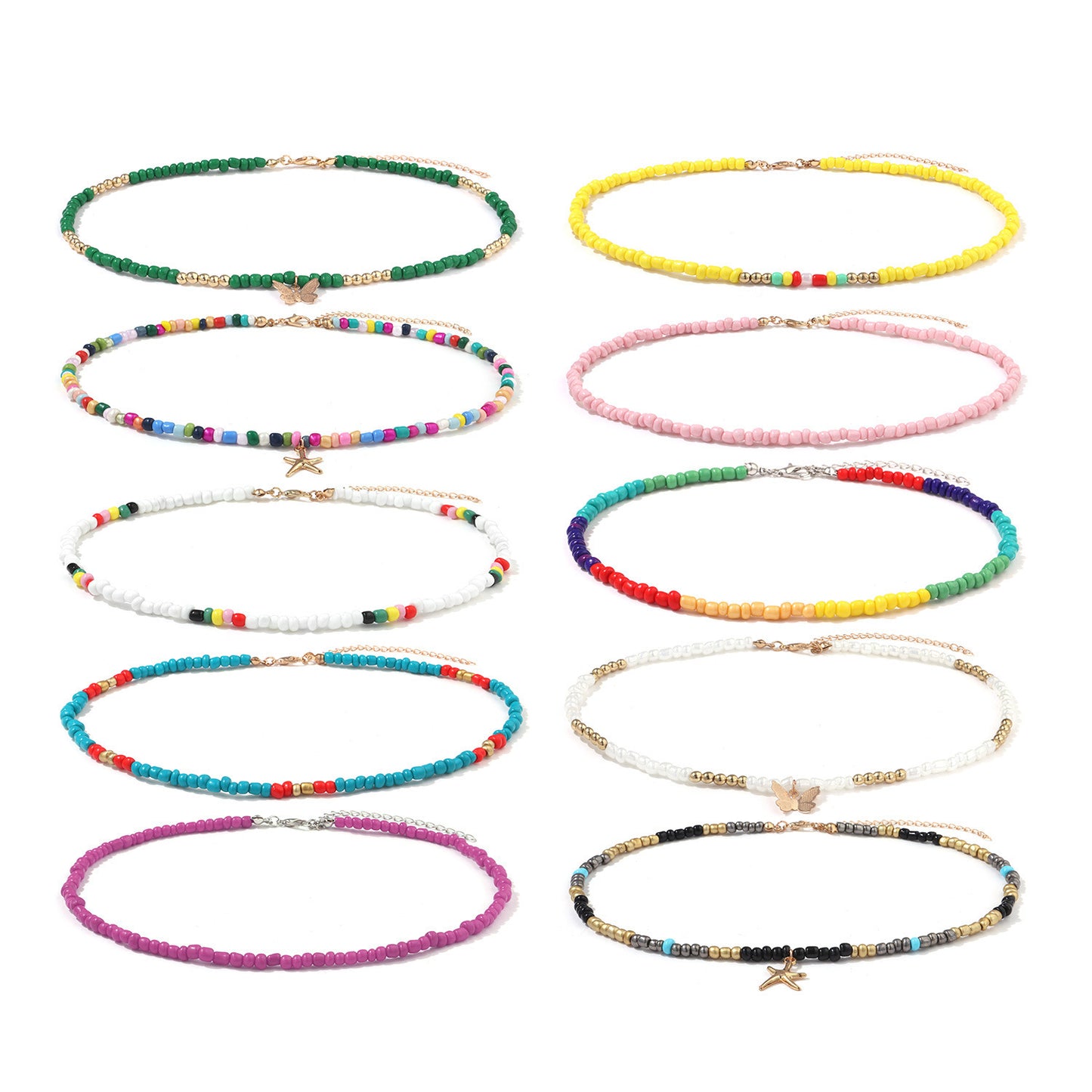 Colorful Seed Bead Necklace for Women, Butterfly and Star Design, Alloy Chain, Fish Line Style, Vintage Aesthetic, Elegant Jewelry for European and American Markets