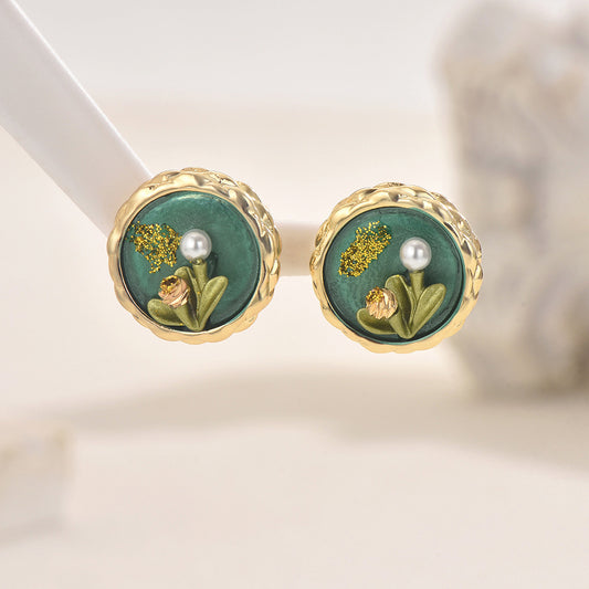 Aretes Elegantes de Cobre con Diseño Floral y Geométrico con Incrustaciones de Perlas para Mujer
