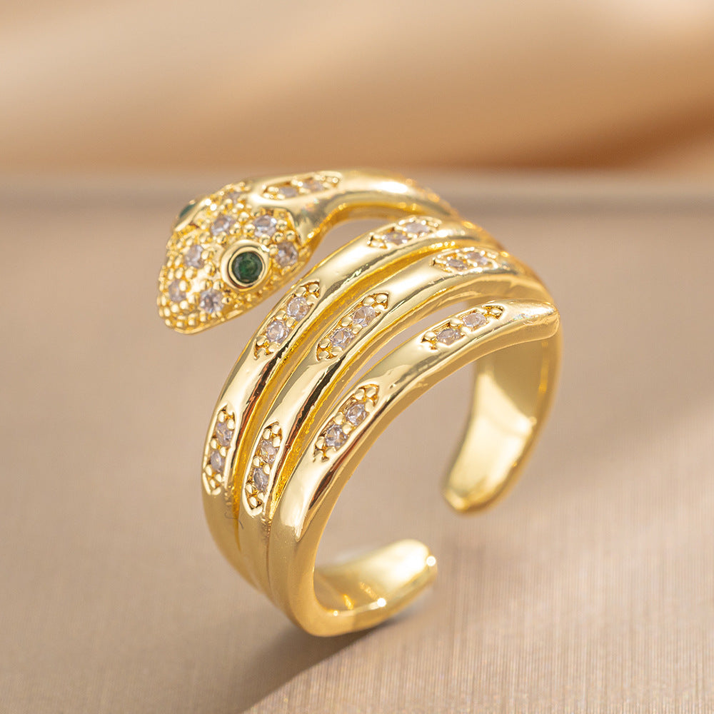 Geometric Snake-Shaped Zirconia-Set Copper Ring with Gold Plating for Women and Unisex — Minimalist Luxury Fashion Ring