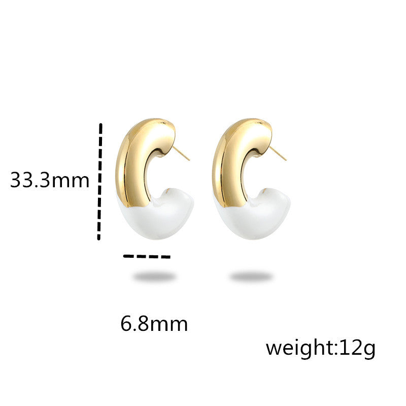Orecchini da donna in titanio placcati oro 18 carati a forma di C con smalto a goccia, stile Fashion OL
