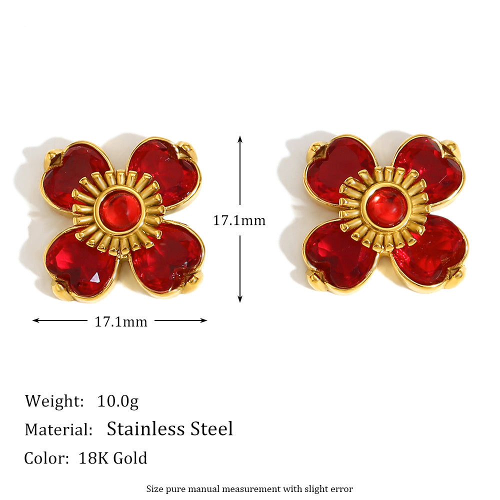 Orecchini a perno alla moda in stile vintage francese con motivo floreale, realizzati in acciaio inossidabile placcato oro 18K e zirconi bianchi e rossi