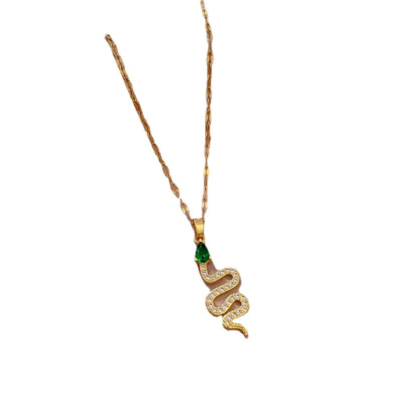 Luxury Titanium Steel Green-Eye Snake Pendant Necklace for Women with Micro-Pavé Detail, Delicate Clavicle Chain