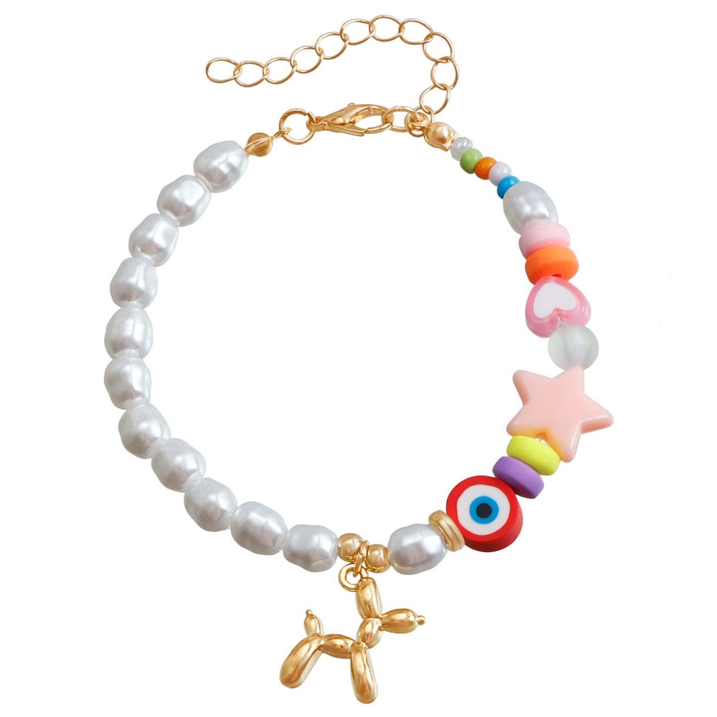 Ins Style Cute Balloon Dog Pendant Beaded Bracelet for Women with Plated Metal and Imitation Pearl Accents