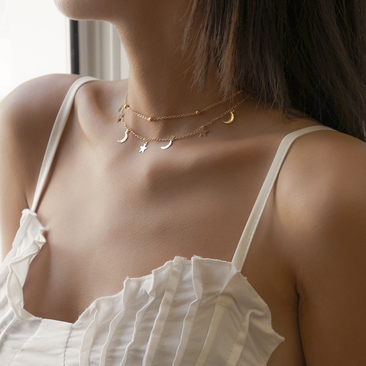 Minimalist Star and Moon Pendant Necklace with Tassel Detail on Delicate Ball Chain for Women
