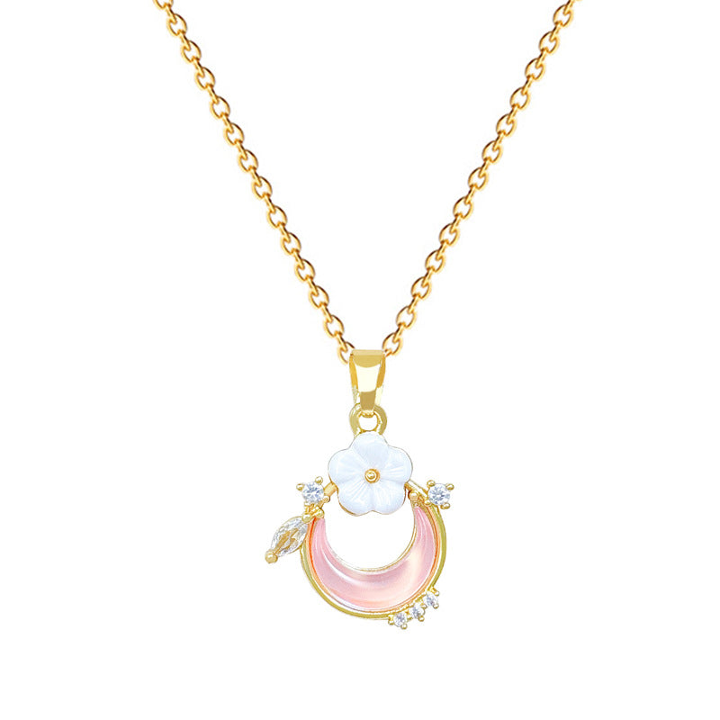 Sweet Minimalist Moon Floral Rhinestone Pendant Titanium Steel Necklace for Unisex