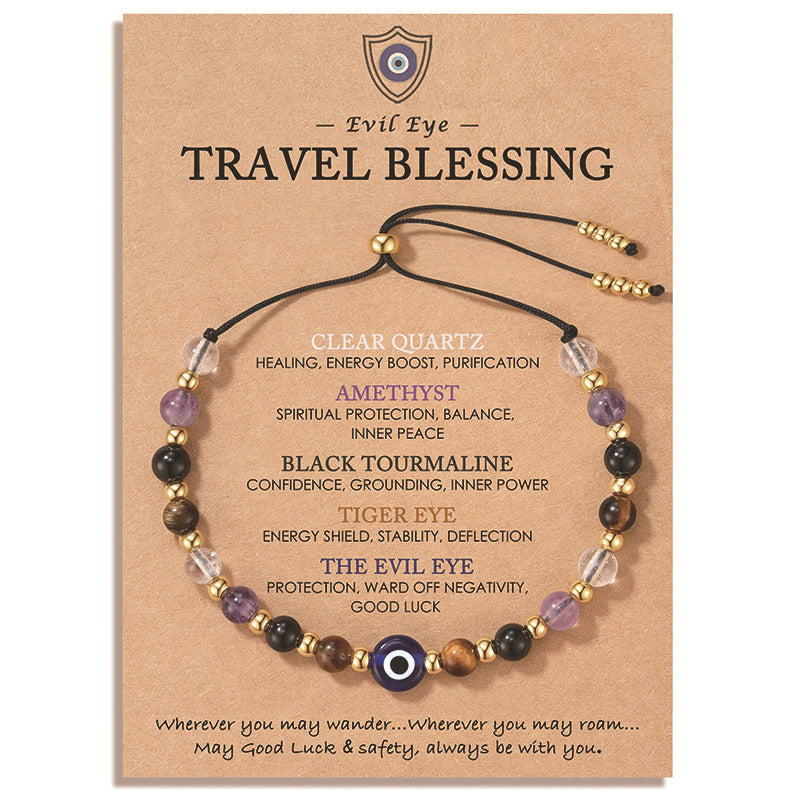 Elegant Geometric Crystal Beaded Bracelet with Evil Eye Charm and Adjustable Drawstring Closure for Women