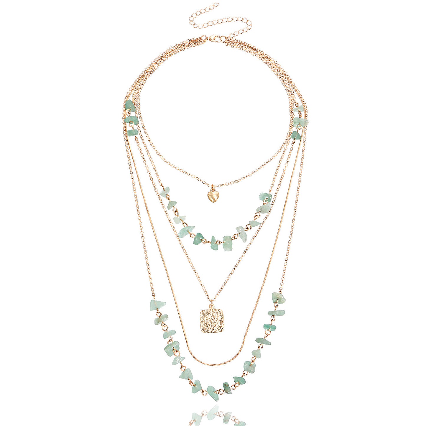 Vintage Multi-Layer Snake Chain Necklace with Mini Heart Pendant, Turquoise Square Inlay, Alloy Construction, Electroplated Finish for Women
