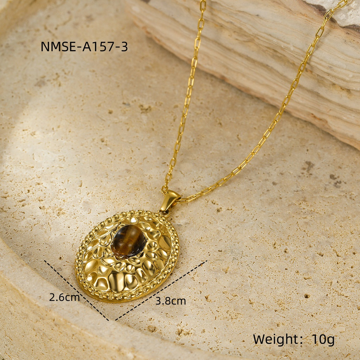 Collana con Pendente Ovale di Pietra Naturale Incastonata, in Acciaio al Titanio Placcato, Stile Trendy per Donna