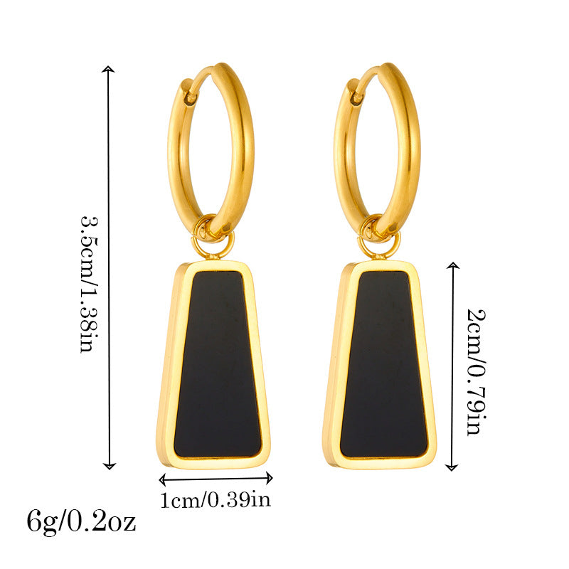 Minimalist Retro Geometric Black Titanium Steel Gold-Plated Pendant Earrings with Trapezoidal and Circular Shapes