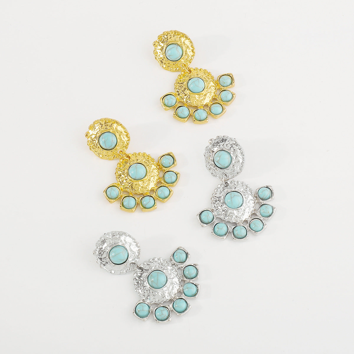 Elegantes pendientes de aleación con incrustaciones de turquesa y acabado chapado, de estilo vintage y diseño geométrico para mujer