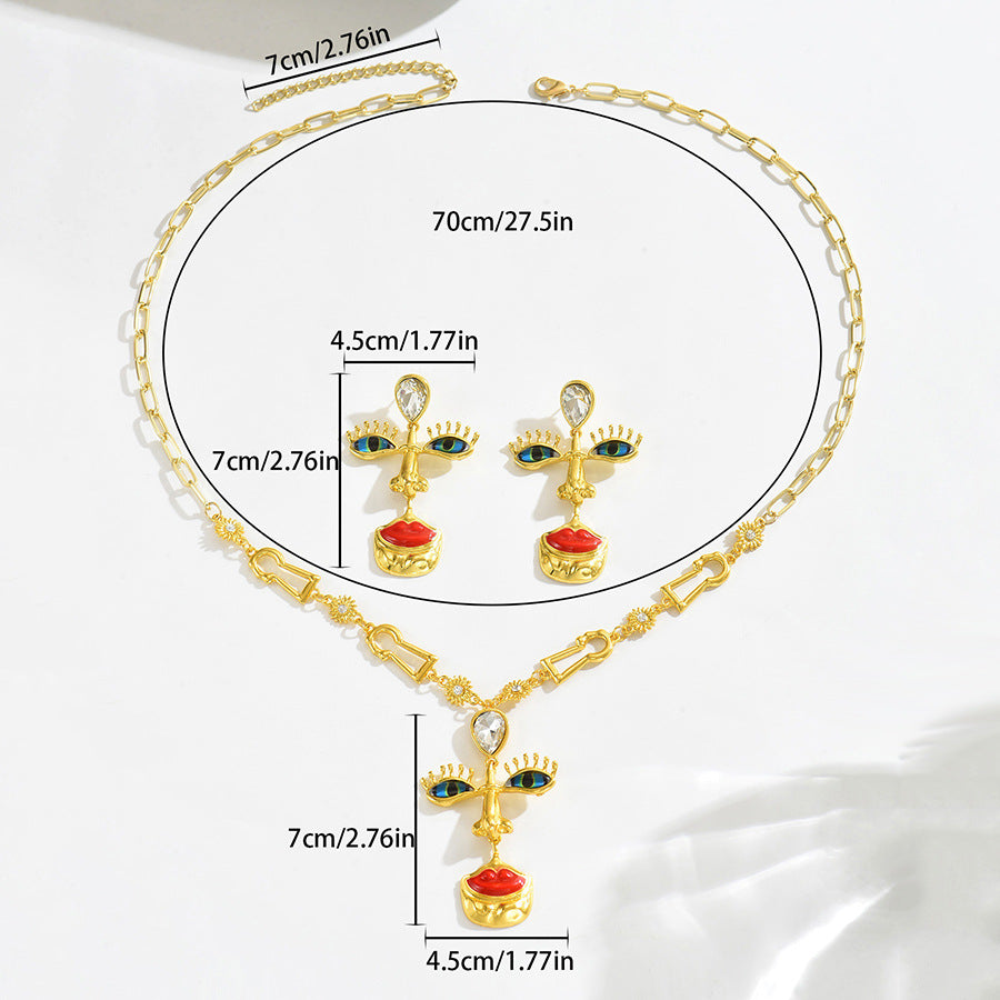 Orecchini e Collana Lunga da Donna con Strass, Design Vintage Geometrico a Croce, Labbra Rosse, Naso e Occhi