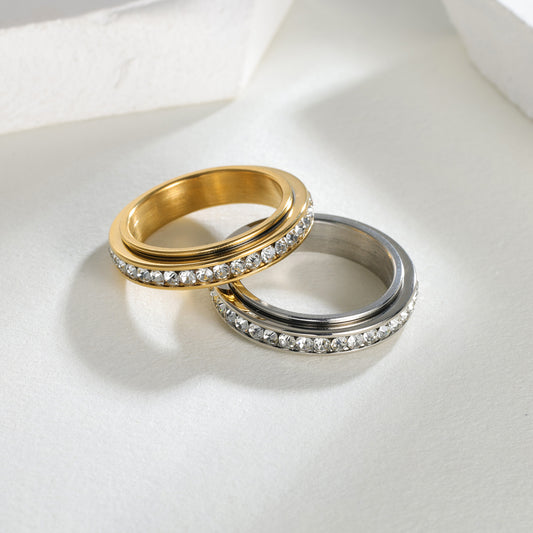 Anillo Giratorio Antiestrés Minimalista Geométrico de Acero de Titanio con Incrustaciones de Pedrería para Mujer