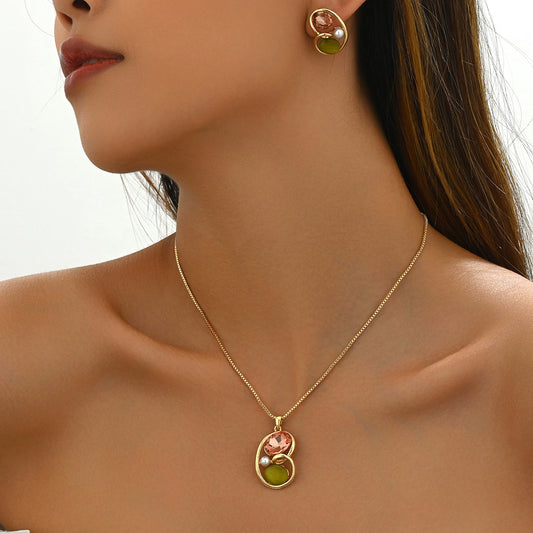 Minimalist Geometric Copper Pendant Necklace and Earrings Set with Rhinestone Inlay for Women