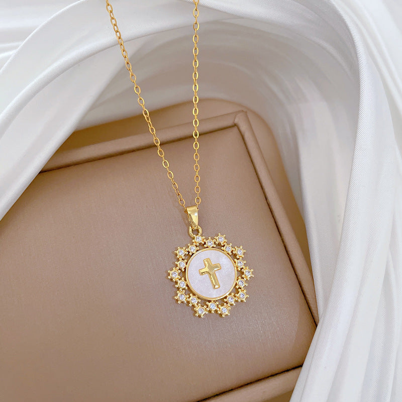 Minimalist Star and Cross Pendant Necklace for Women Stainless Steel Delicate Clavicle Chain with Rhinestone Accents