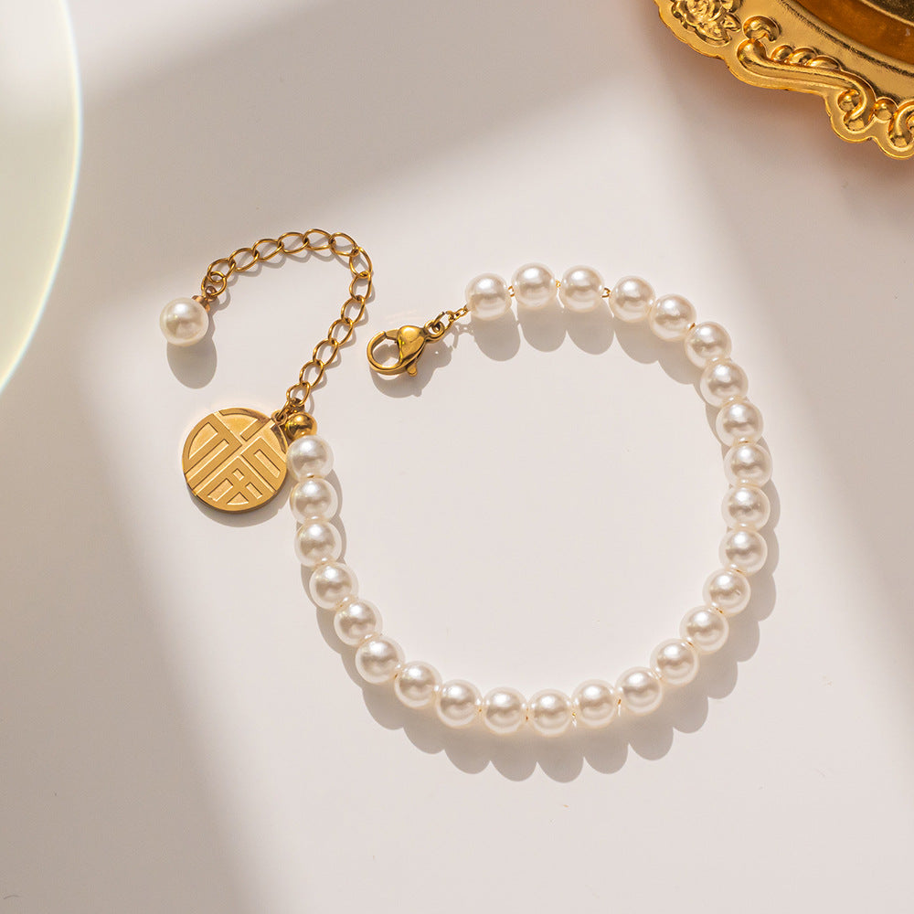 Pulsera de Perlas Geométrica de Lujo para Mujer con Acero de Titanio Bañado en Oro de 18K
