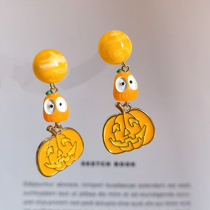 Orecchini Asimmetrici Cartoon Carini e Giocosi per Halloween, con Zucche, Fantasmi e Pipistrelli, in Lega Placcata con Perno a Bottone