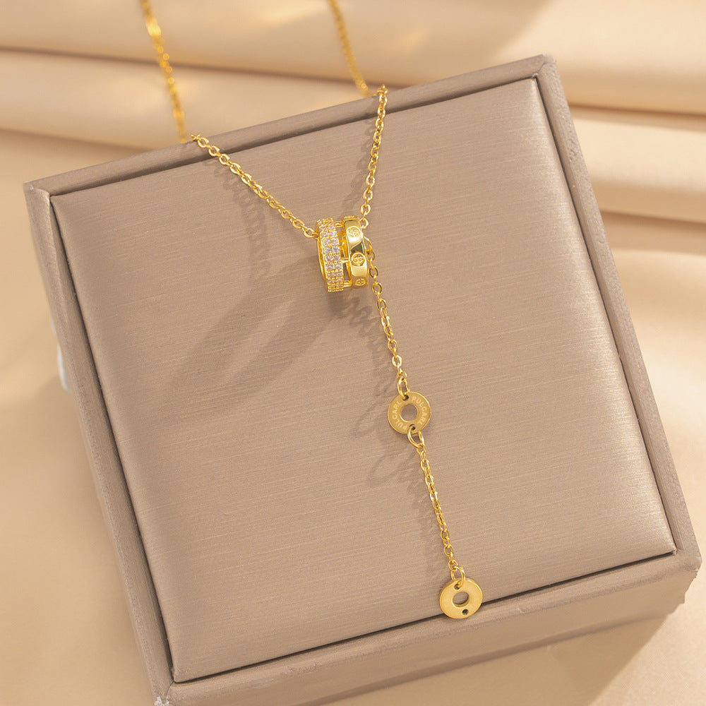 Light Luxury Minimalist Geometric Titanium Steel Necklace with 18K Gold Plated Copper and Zircon Pendant for Women