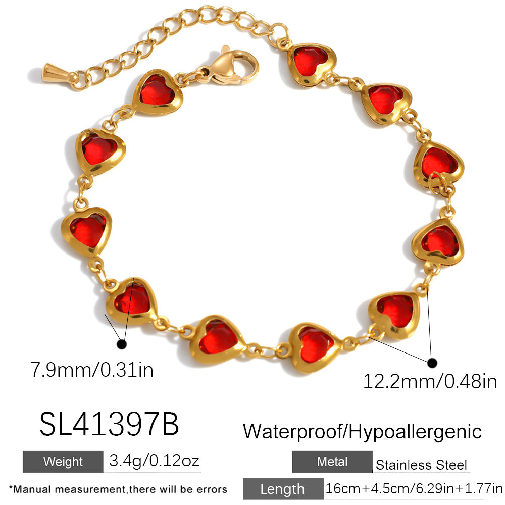 Elegante bracciale da donna in acciaio inossidabile placcato oro 18 carati a forma di cuore con intarsio di cristalli colorati