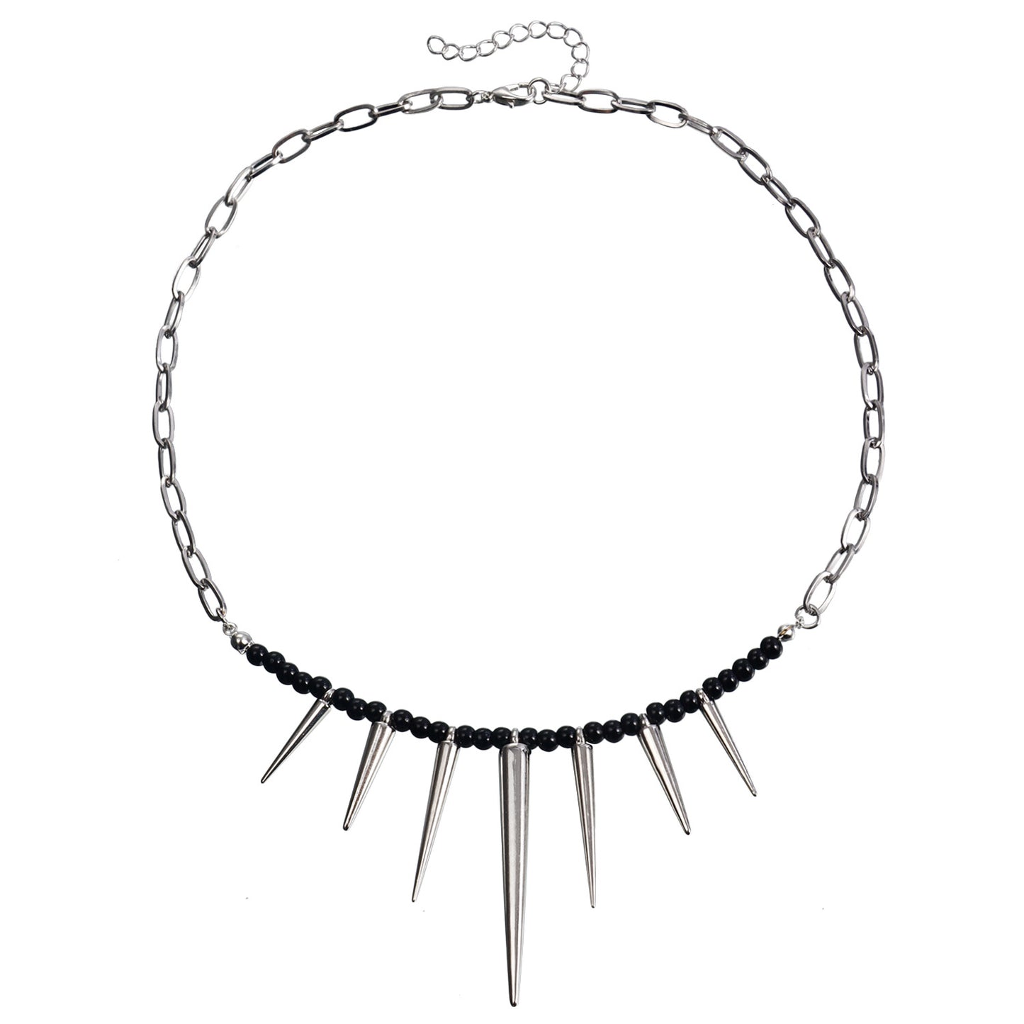 Punk-Style Geometric Pendant Necklace with Black Beaded and Rivet Accents, Electroplated Alloy, Clavicle Chain