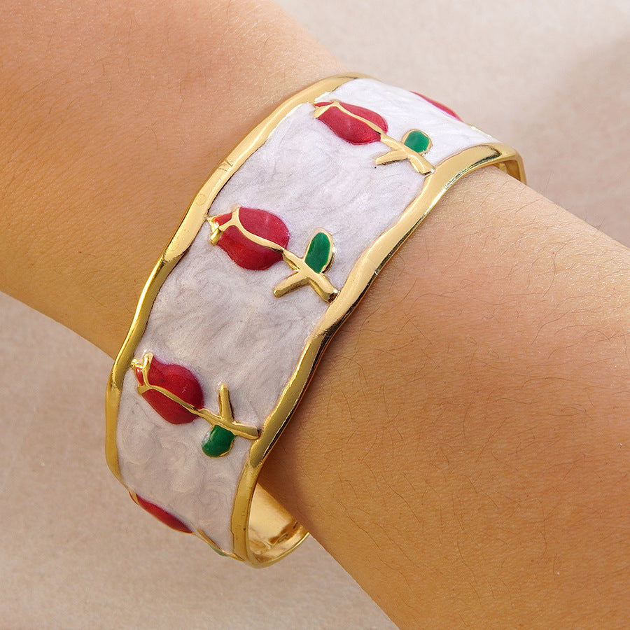 Elegant Stainless Steel Drip Oil Enamel Tulip Cuff Bracelet for Women