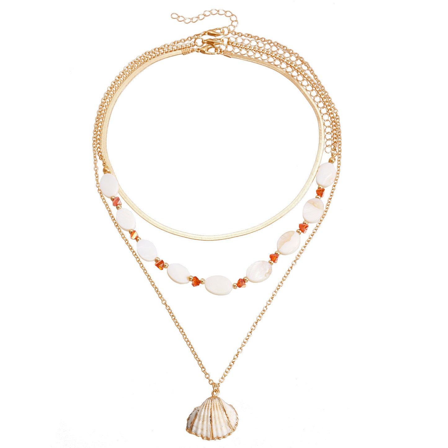 Vintage Ocean-Inspired Multi-Layer Clavicle Necklace with Oval Mother-of-Pearl Beads and Geometric Shell Pendant in Plated Finish