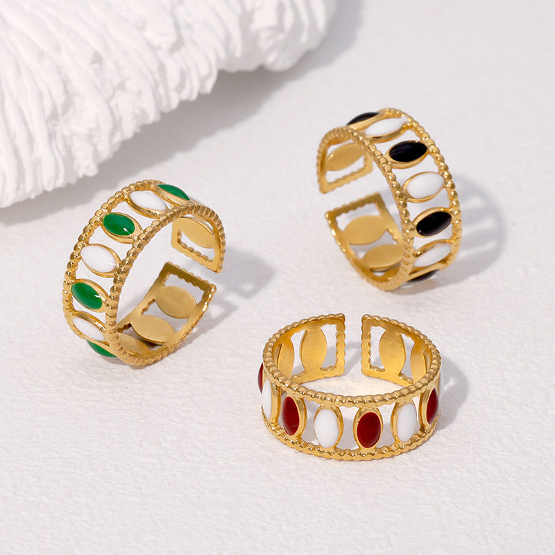 Vintage French-Style Geometric Enamel Gold-Plated Stainless Steel Open Ring for Women