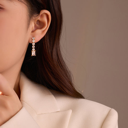 Elegant Square Stainless Steel Dangle Earrings with Zirconia Accents for Women, Plated Finish, Fashion-Forward Office Wear