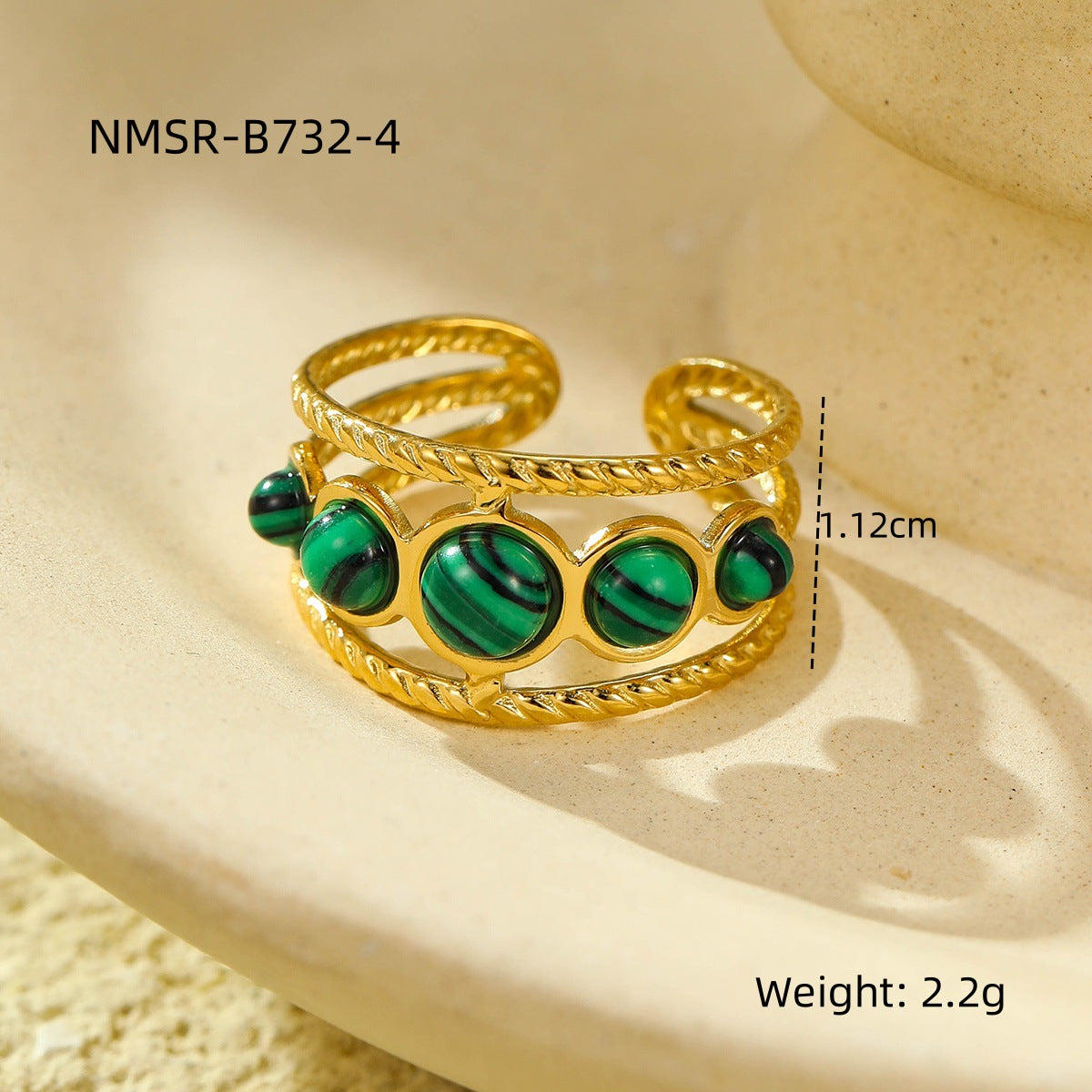 Anello in Acciaio Inossidabile con Motivo Geometrico Stile Vintage Instagram con Intarsio in Pietra Naturale e Placcatura in Oro 18K da Donna
