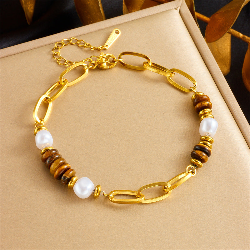 Vintage Oval Heart Gemstone Beaded Chain Bracelet