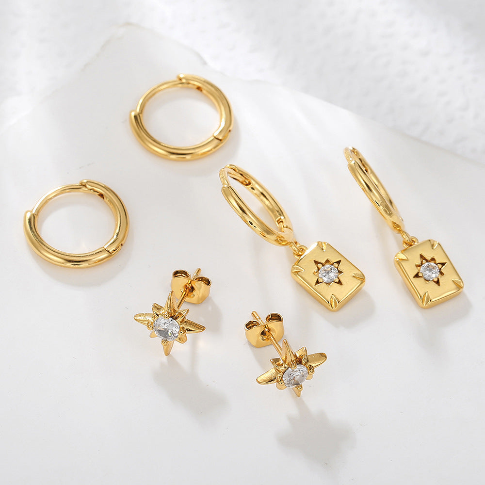 Gold Plated Brass Eight-Pointed Star Geometric Cubic Zirconia Hoop Earrings for Women