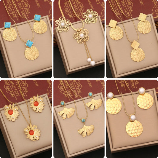 Geometric Irregular Pendant Necklace Set with Stainless Steel Flower Charm and Tassel Detail for Women