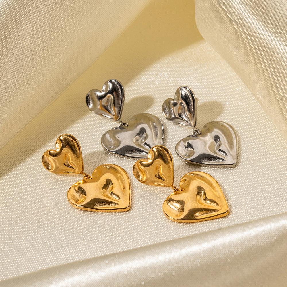 Trendy Ins Style 18K Plated Hammered Heart Pendant Earrings for Women