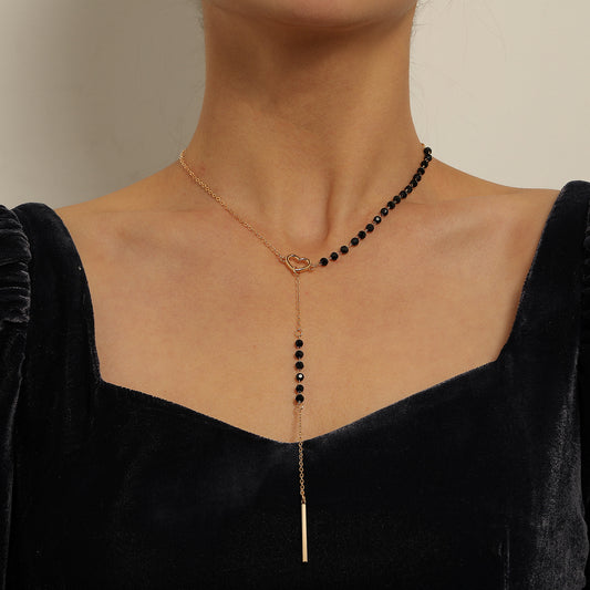 Elegant Y-Shaped Long Bar Tassel Pendant Necklace for Women with Heart Charm and Black Gemstone Alloy Cross Chain