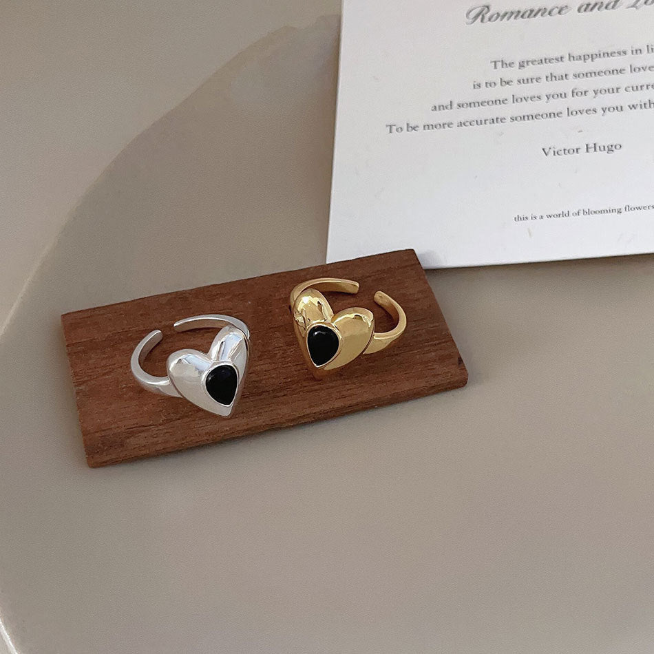 Minimalist Heart-Shaped 925 Sterling Silver Ring with Black Onyx Inlay for Women