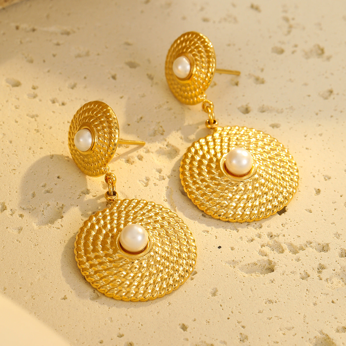 Fashionable French-Inspired Geometric Earrings with Pearl Inlay, 18K Gold-Plated Stainless Steel Studs for Women
