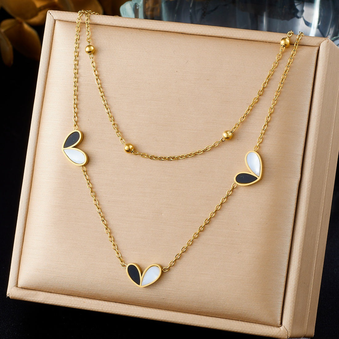 Minimalist Black and White Heart Stainless Steel Plated Necklace and Bracelet Set for Women