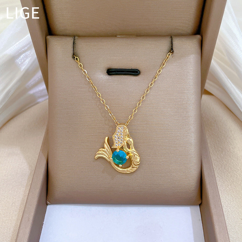 Collana Unisex con Pendente a Sirena in Acciaio Inossidabile, Design Geometrico e Strass Lussuosi